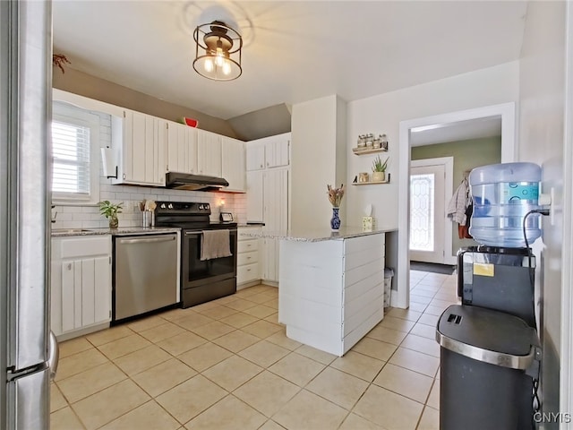 kitchen with light tile patterned floors, under cabinet range hood, decorative backsplash, electric range oven, and dishwasher