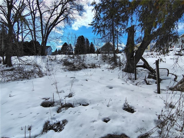 yard covered in snow featuring a garage