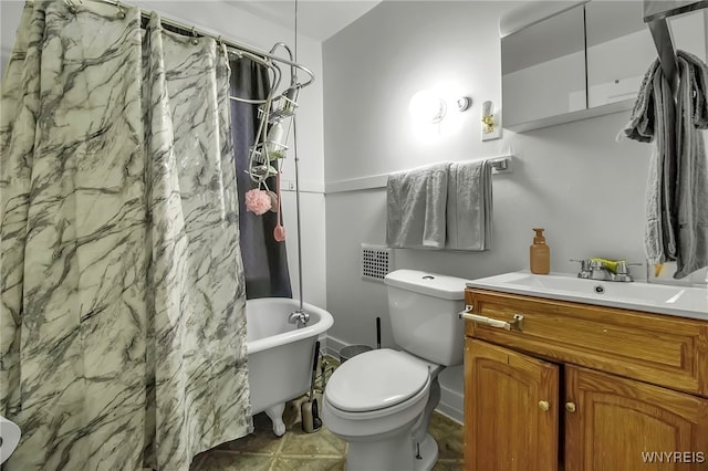 full bath with curtained shower, vanity, toilet, and a tub