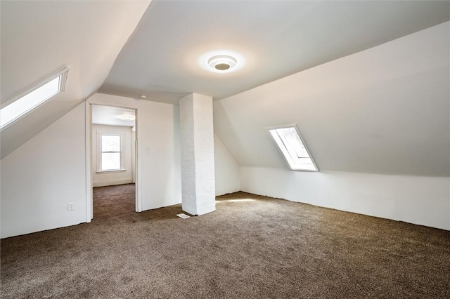 additional living space with lofted ceiling with skylight and carpet flooring