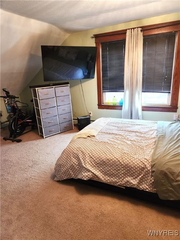 bedroom featuring lofted ceiling, carpet, and a textured ceiling