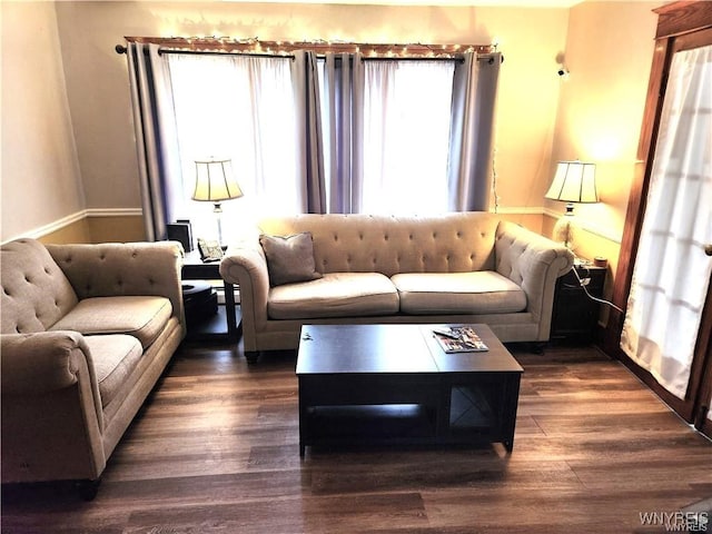 living area featuring dark wood-style flooring