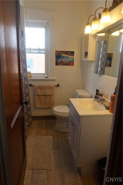 bathroom featuring toilet, wood finished floors, and vanity