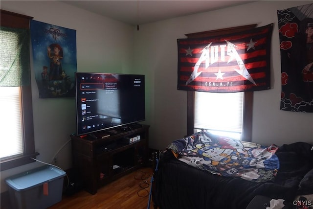 bedroom featuring wood finished floors and multiple windows