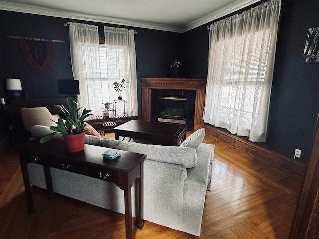 living area featuring a glass covered fireplace and crown molding