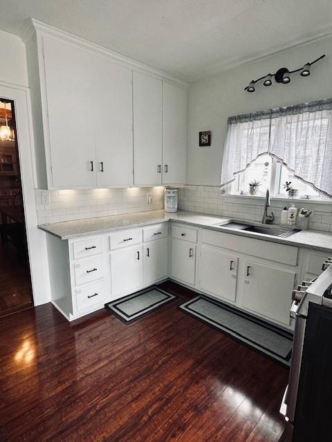 kitchen with tasteful backsplash, dark wood-type flooring, light countertops, stove, and a sink