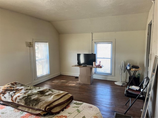 bedroom featuring lofted ceiling, dark wood-type flooring, multiple windows, and baseboards