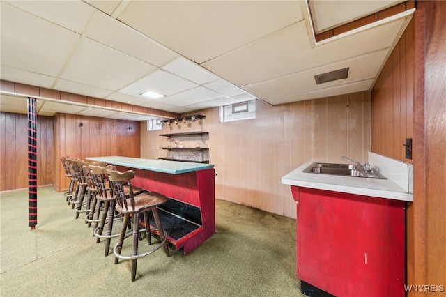 bar with a sink, bar, carpet, and wooden walls