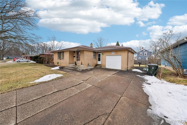 single story home with a front yard, fence, an attached garage, a chimney, and concrete driveway