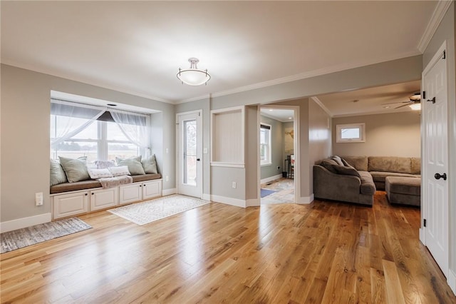 foyer entrance featuring plenty of natural light, baseboards, and light wood-style floors