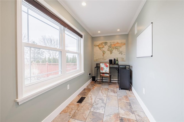 home office with crown molding, recessed lighting, baseboards, and visible vents