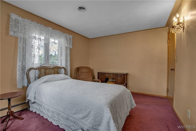 carpeted bedroom with visible vents, baseboards, and a baseboard radiator