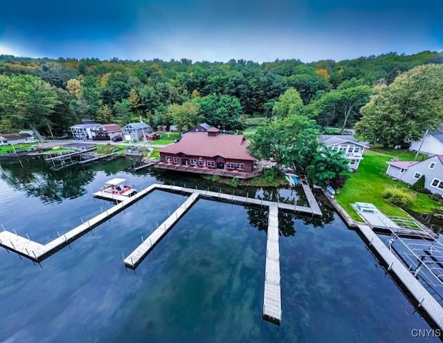 aerial view featuring a view of trees and a water view