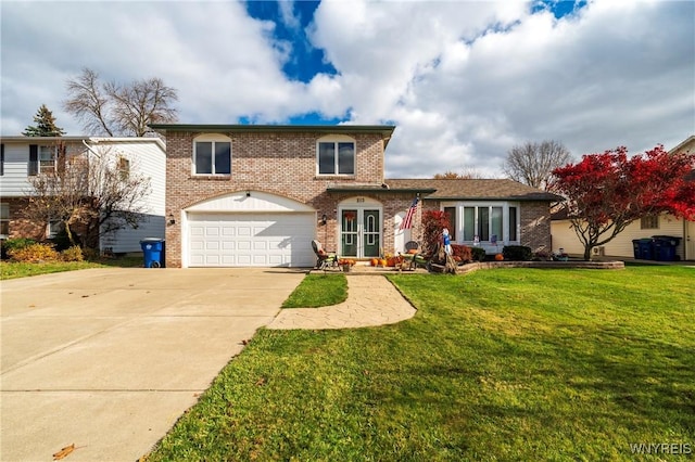 traditional home with brick siding, driveway, an attached garage, and a front lawn