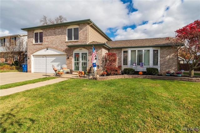 view of front of home with concrete driveway, a garage, brick siding, and a front lawn