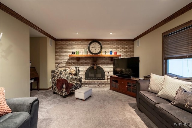 living room featuring carpet flooring, a brick fireplace, crown molding, and baseboards