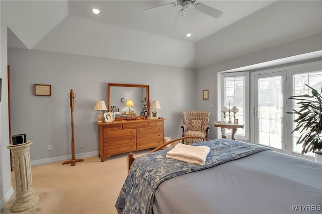 bedroom with baseboards, recessed lighting, ceiling fan, access to exterior, and light colored carpet