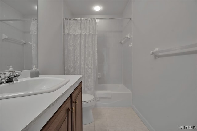 bathroom with shower / bathtub combination with curtain, toilet, vanity, and tile patterned flooring