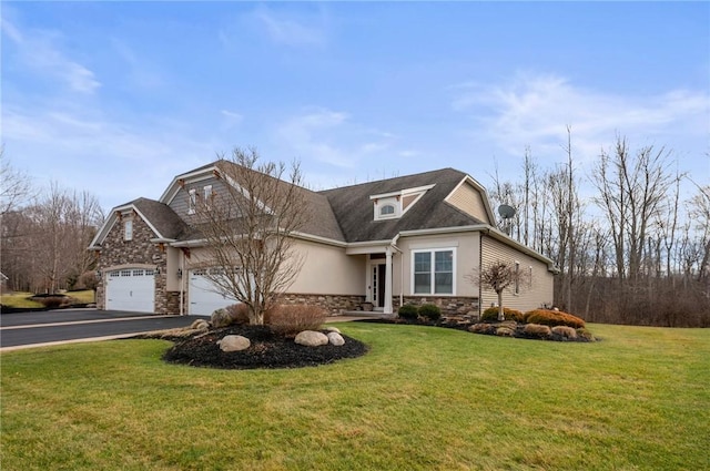 view of front of house with stucco siding, a front lawn, aphalt driveway, stone siding, and a garage