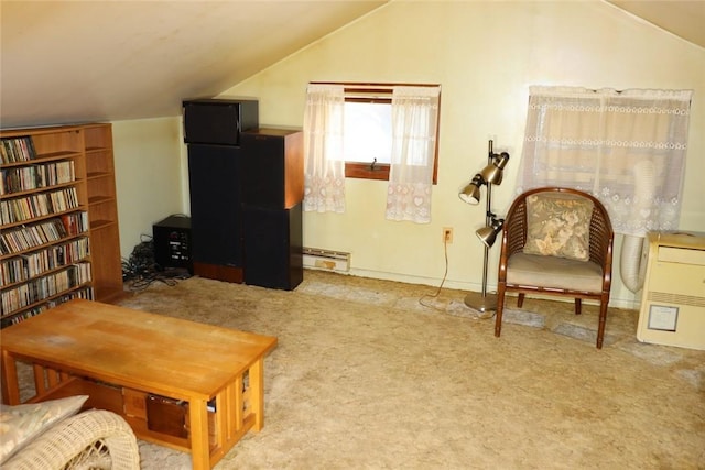 living area featuring carpet and lofted ceiling