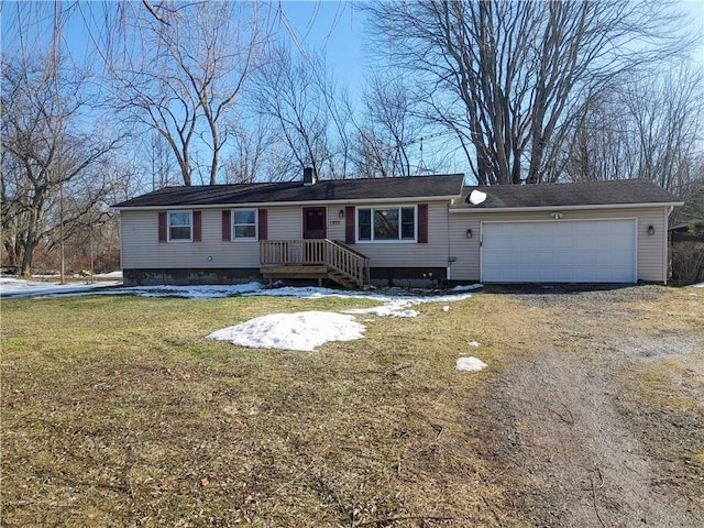 ranch-style home with a front lawn, an attached garage, dirt driveway, and a chimney