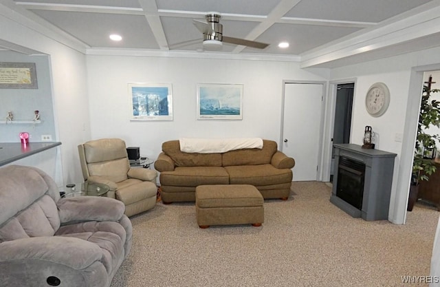 living area with a ceiling fan, carpet flooring, recessed lighting, and coffered ceiling