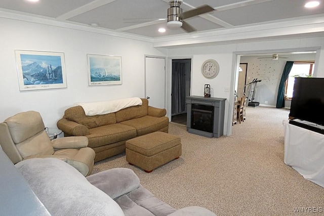 living room with carpet, beamed ceiling, recessed lighting, and a ceiling fan