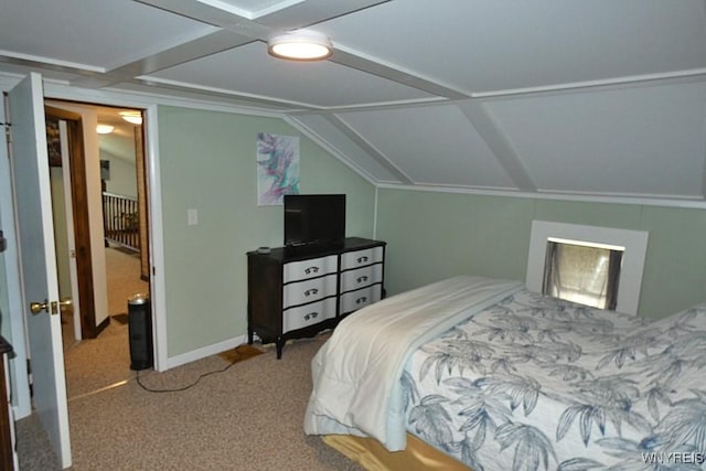 bedroom featuring carpet flooring, baseboards, and vaulted ceiling