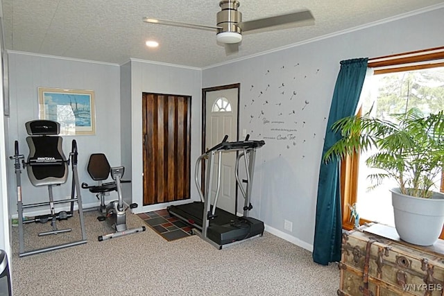 exercise room featuring a ceiling fan, baseboards, ornamental molding, a textured ceiling, and carpet flooring