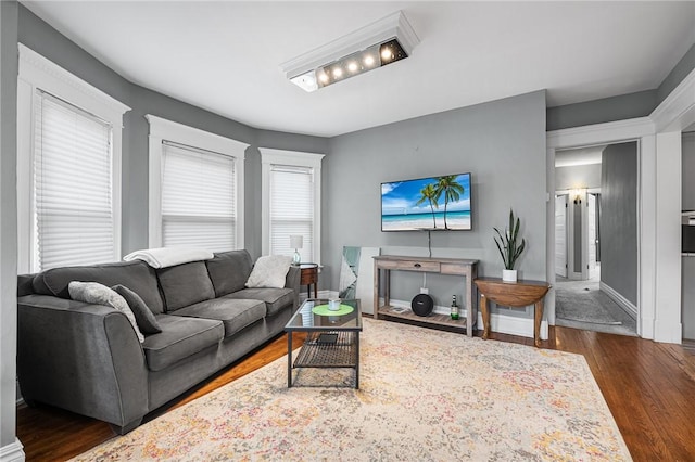 living area with baseboards and dark wood-style flooring