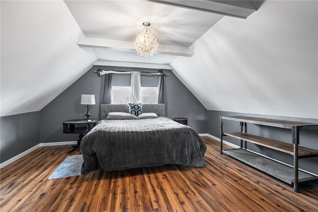 bedroom with an inviting chandelier, lofted ceiling with beams, baseboards, and wood-type flooring