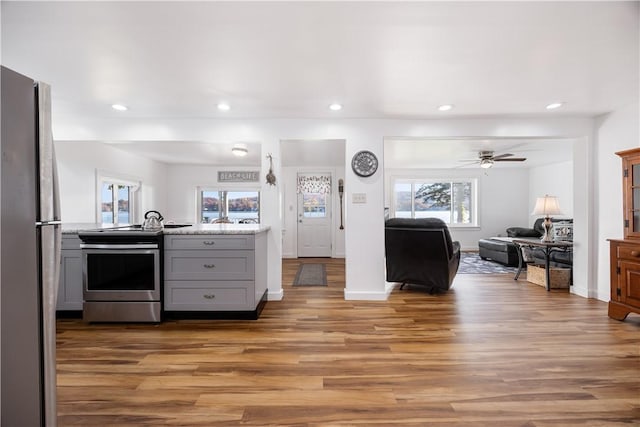 kitchen with light wood-type flooring, stainless steel appliances, gray cabinetry, and open floor plan