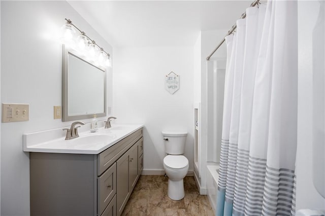 full bath featuring double vanity, shower / bath combination with curtain, toilet, and a sink