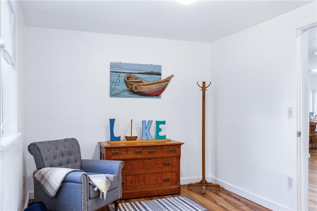 living area featuring baseboards and wood finished floors