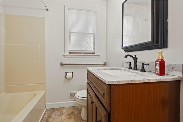 bathroom with tile patterned flooring, visible vents, baseboards, toilet, and vanity