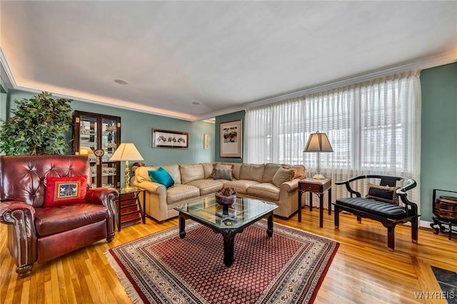 living area featuring ornamental molding and wood finished floors