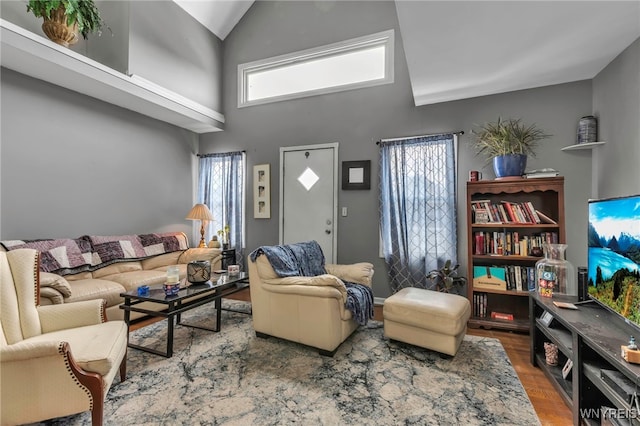 living room featuring high vaulted ceiling and wood finished floors