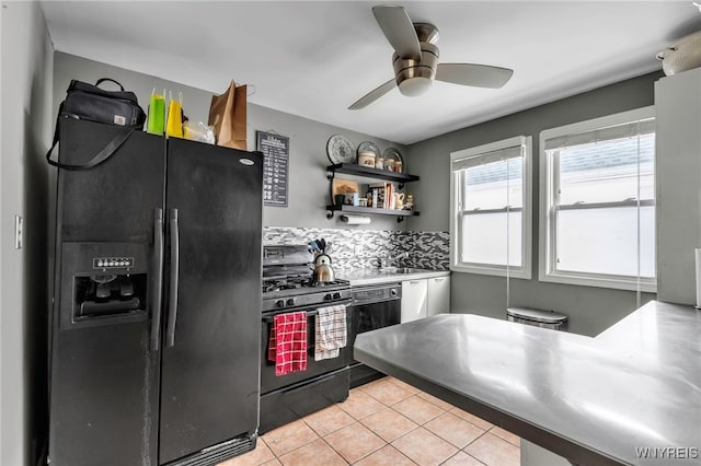 kitchen featuring ceiling fan, decorative backsplash, light tile patterned flooring, black appliances, and open shelves