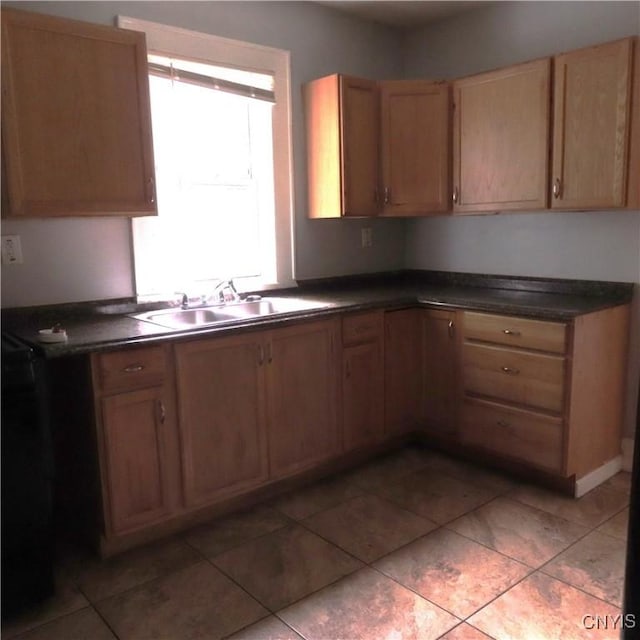 kitchen with dark countertops and a sink