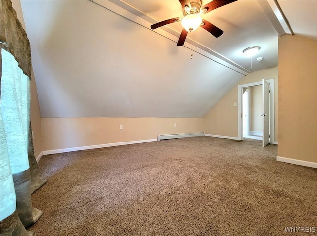 bonus room featuring ceiling fan, baseboards, carpet, lofted ceiling, and baseboard heating