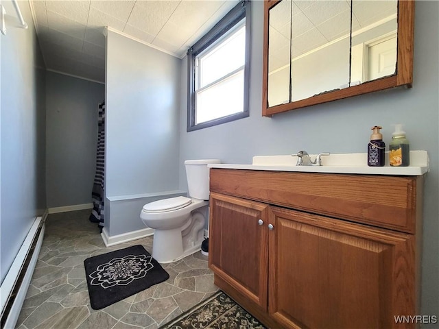 bathroom with vanity, a shower with shower curtain, lofted ceiling, toilet, and baseboard heating