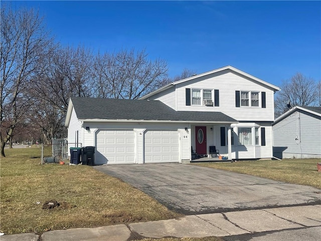 view of front facade with aphalt driveway, an attached garage, a front yard, and a shingled roof