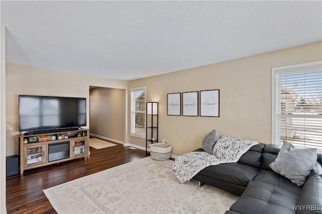 living room featuring a healthy amount of sunlight, a textured ceiling, and wood finished floors