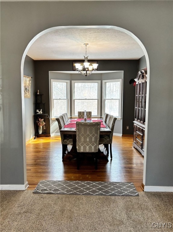 dining room featuring an inviting chandelier, plenty of natural light, wood finished floors, and baseboards