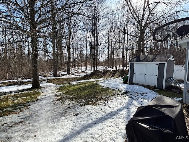 yard covered in snow with an outbuilding and a storage unit