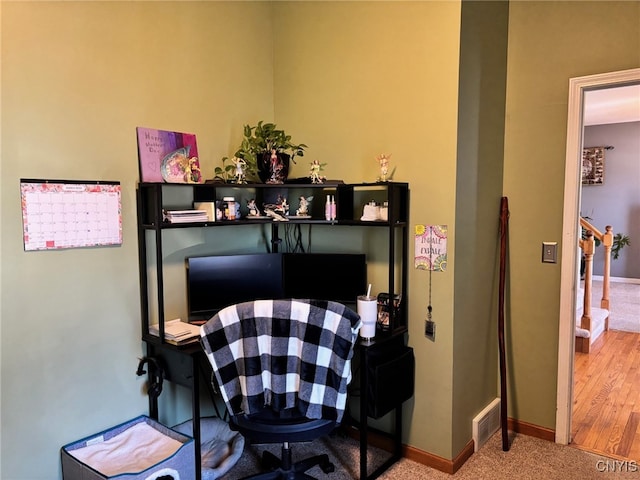 dining space with stairway, visible vents, baseboards, and carpet floors