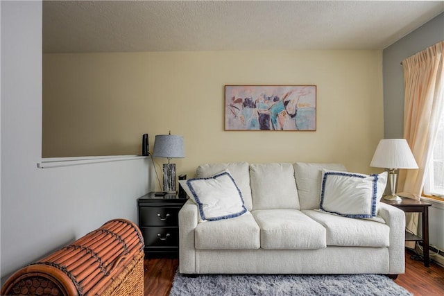 living area with a textured ceiling and wood finished floors