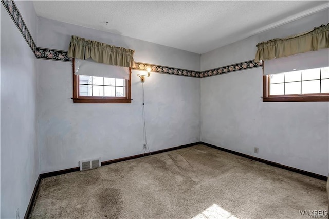 spare room with visible vents, plenty of natural light, a textured ceiling, and carpet flooring