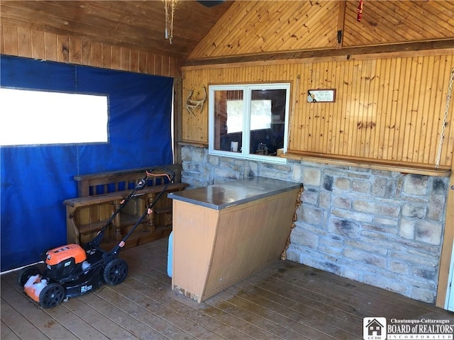 misc room featuring wood ceiling, a healthy amount of sunlight, hardwood / wood-style floors, and vaulted ceiling