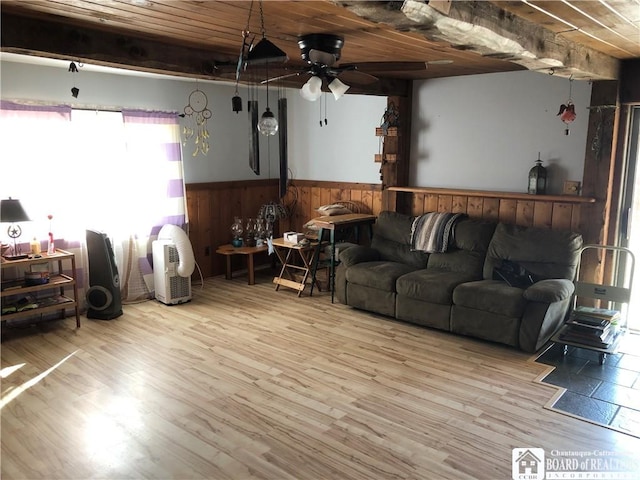 living room with ceiling fan, wood finished floors, wood ceiling, and wainscoting